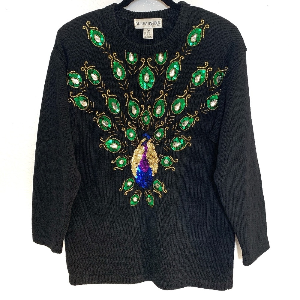 Vintage Victoria Harbour Sweater Black M Peacock Embellished Sequins Jeweled